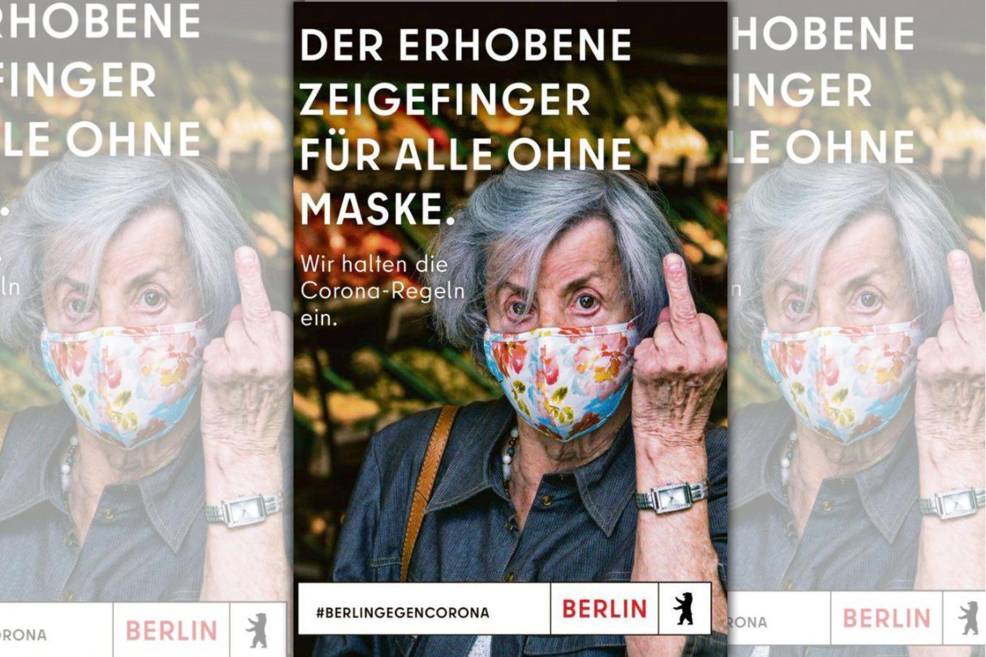 德國首都柏林為呼籲民眾戴口罩,貼出一張比中指海報,挨轟隨即下架。(翻攝Visit Berlin)