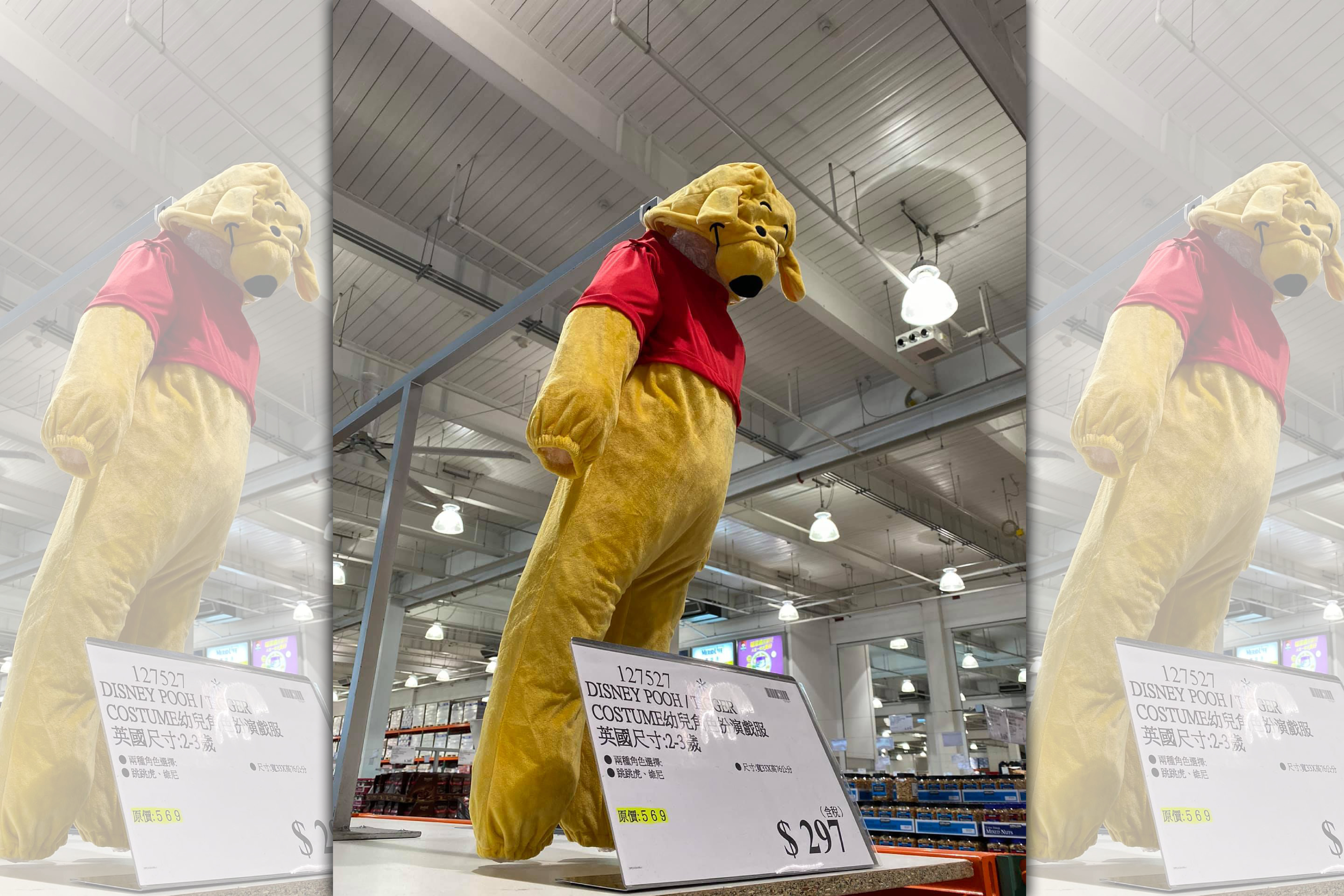 民眾逛好市多，發現一款小熊維尼套裝被吊在空中。（翻攝自臉書社團「Costco好市多 商品經驗老實說」）