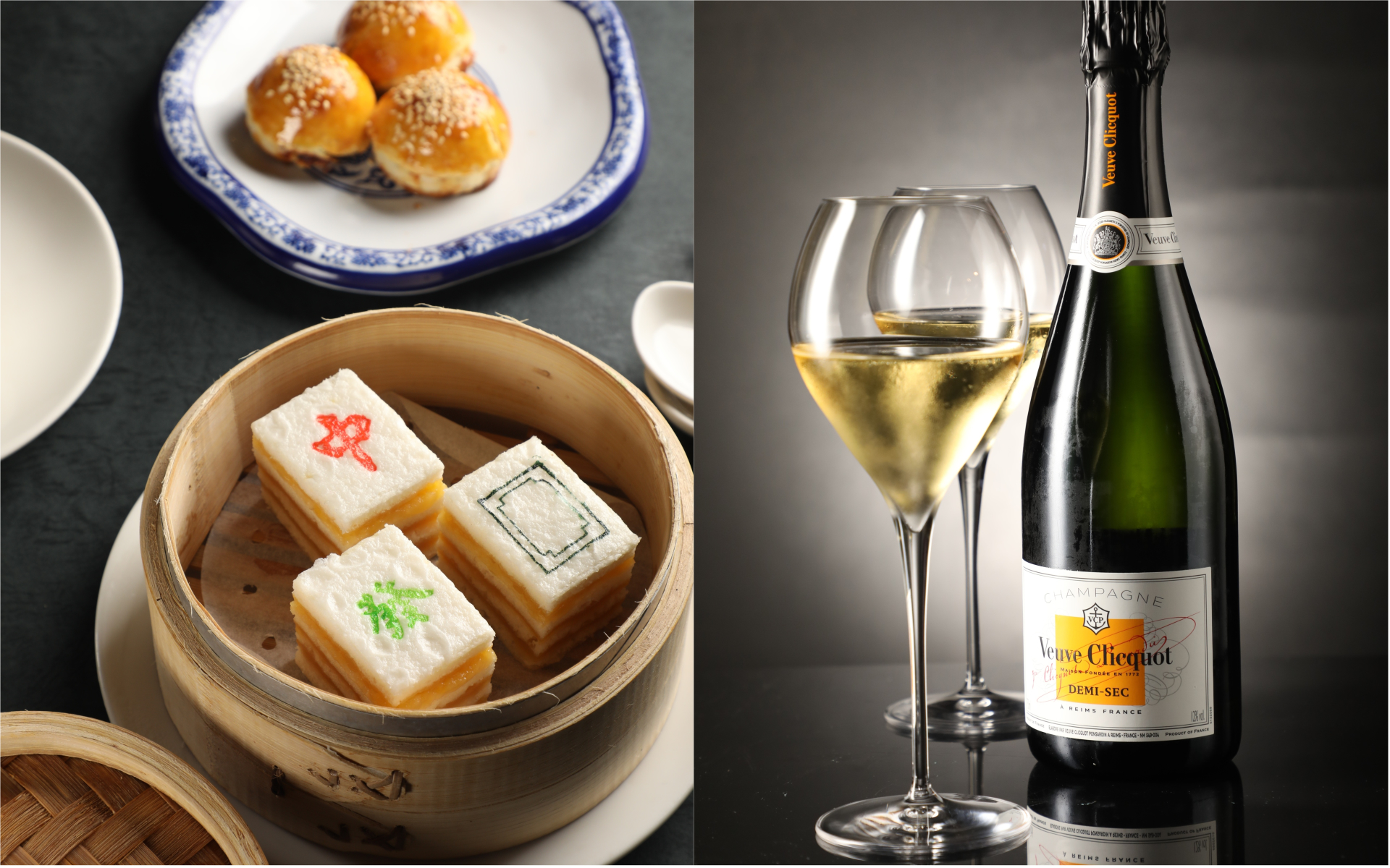 麻將造型的「三元千層糕」（左，120元／份）奶香甜而不膩，「Veuve Clicquot, Demi-Sec, NV」帶麵包烘烤香氣，氣泡也綿延千層糕的綿密口感。（右，2,500元／瓶）