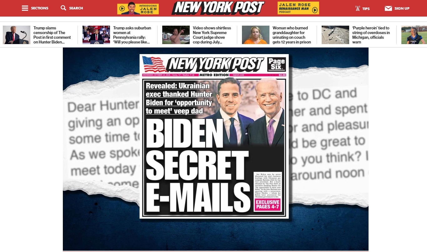《紐約郵報》爆出拜登父子的醜聞，卻遭臉書和推特封鎖，引發參議員反彈。（翻攝自New York Post）