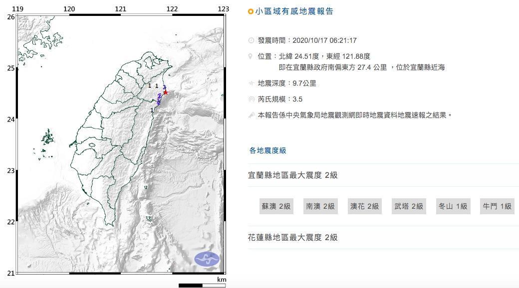 今天上午宜蘭發生規模3.5地震。（翻攝自中央氣象局）