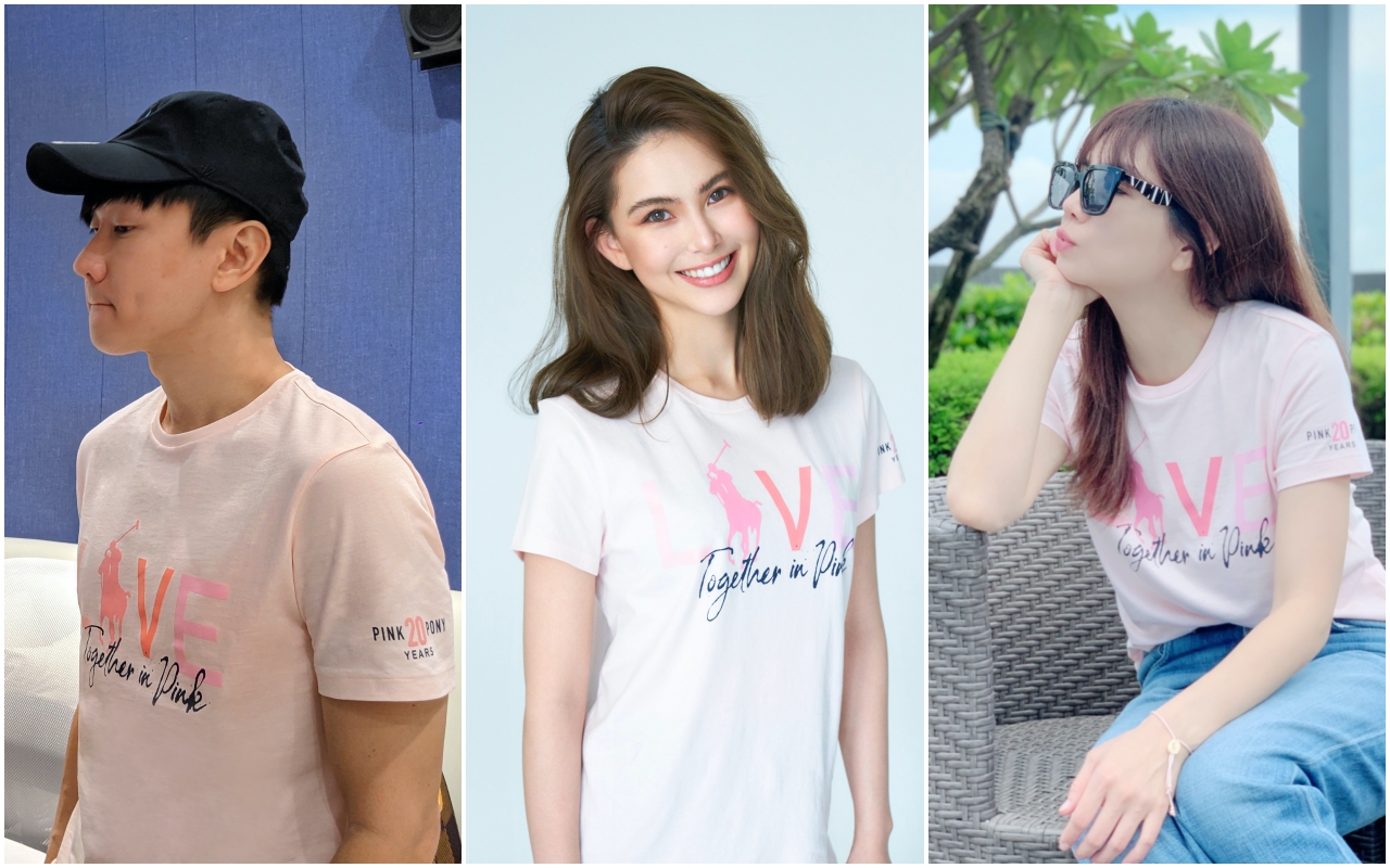 （左起）天王級歌手林俊傑、天王嫂昆凌天后與Ella陳嘉樺，身穿Polo Ralph Lauren Pink Pony粉紅小馬20週年T恤，一同支持對抗癌症。（Ralph Lauren提供）