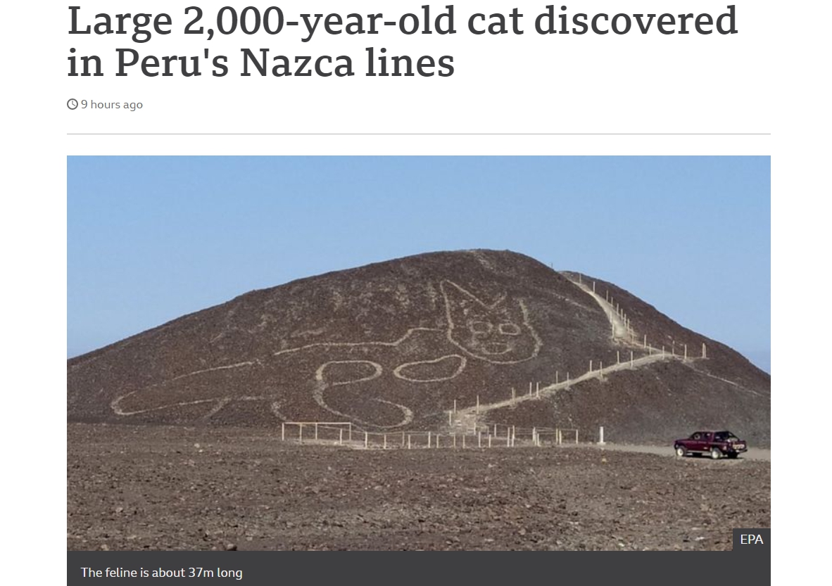 秘魯文化部宣布，在納斯卡沙漠發現「千年巨貓」的圖騰。（翻攝自BBC網站）