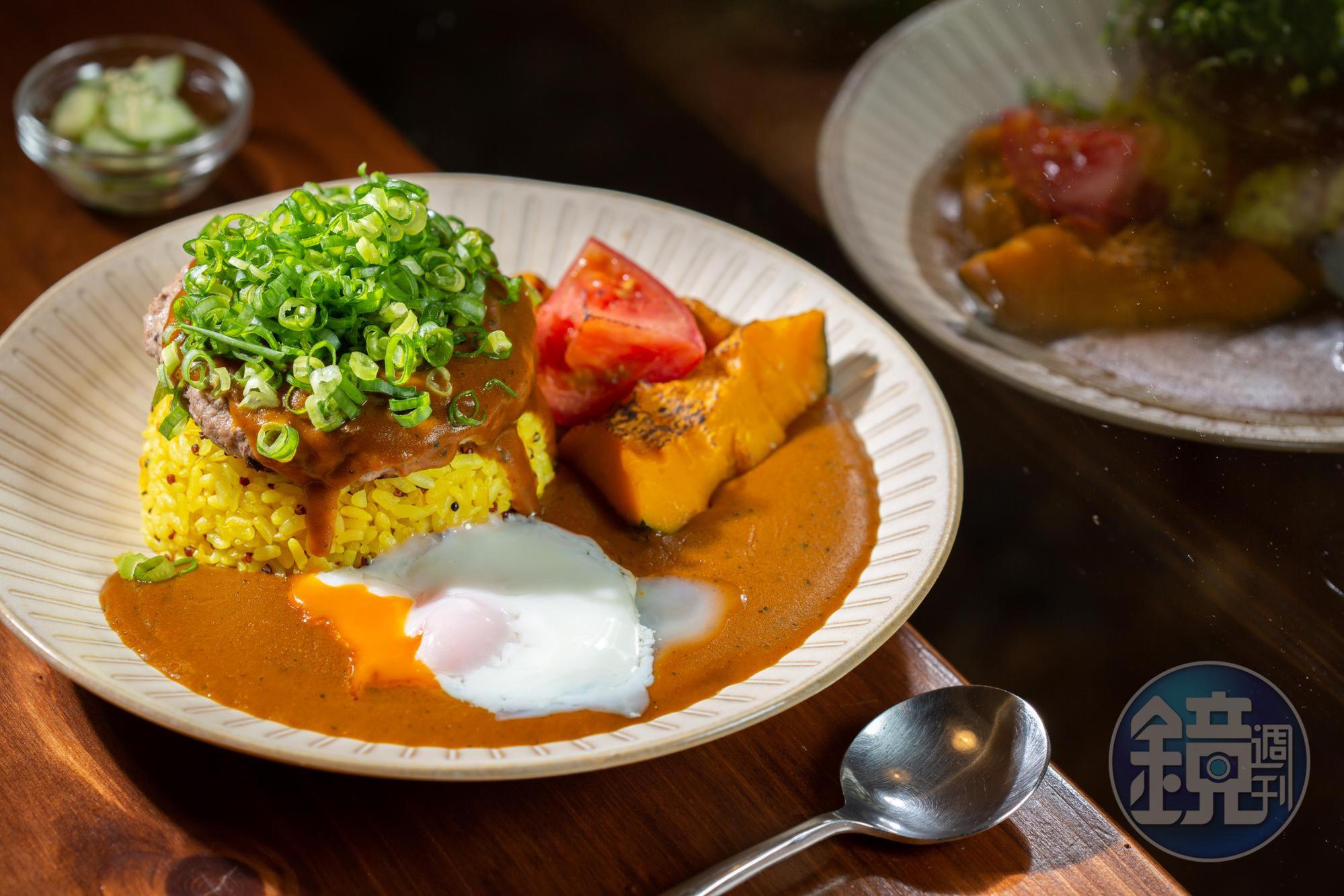 「南瓜咖哩漢堡排飯」揉合蔬菜甜味及辛香料的成熟氣味。(270元/份)