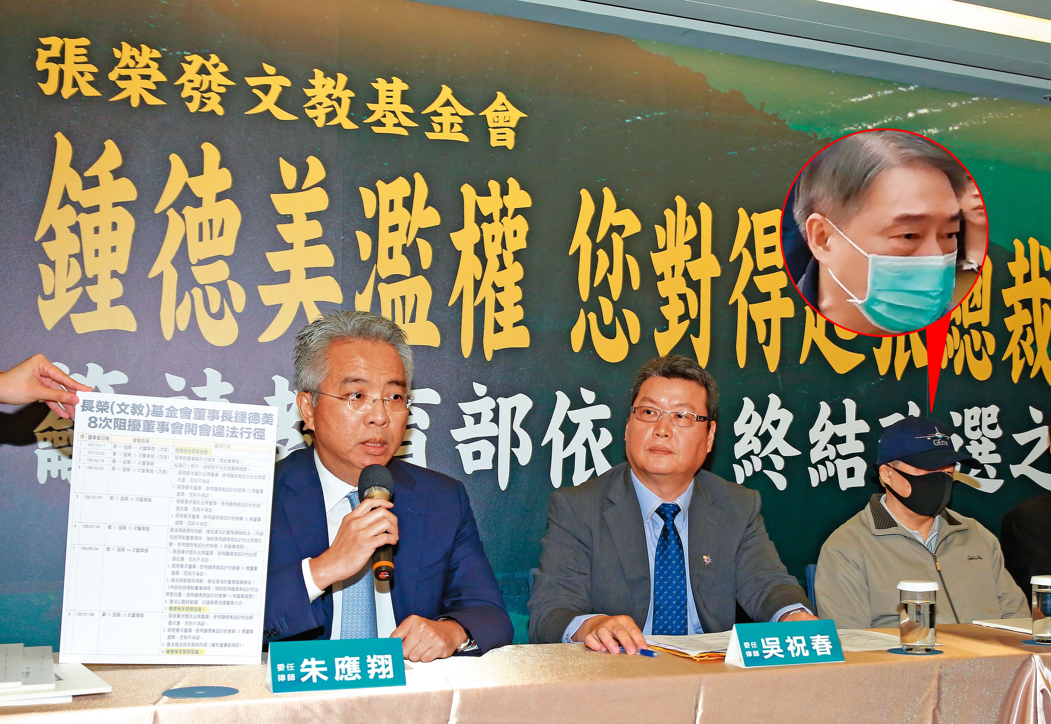 張國政連襟謝國獻委請律師朱應翔（左）陪同老二張國明（右）開記者會，因朱應翔半年收費730萬元被嫌貴，謝有意找黑衣人處理。