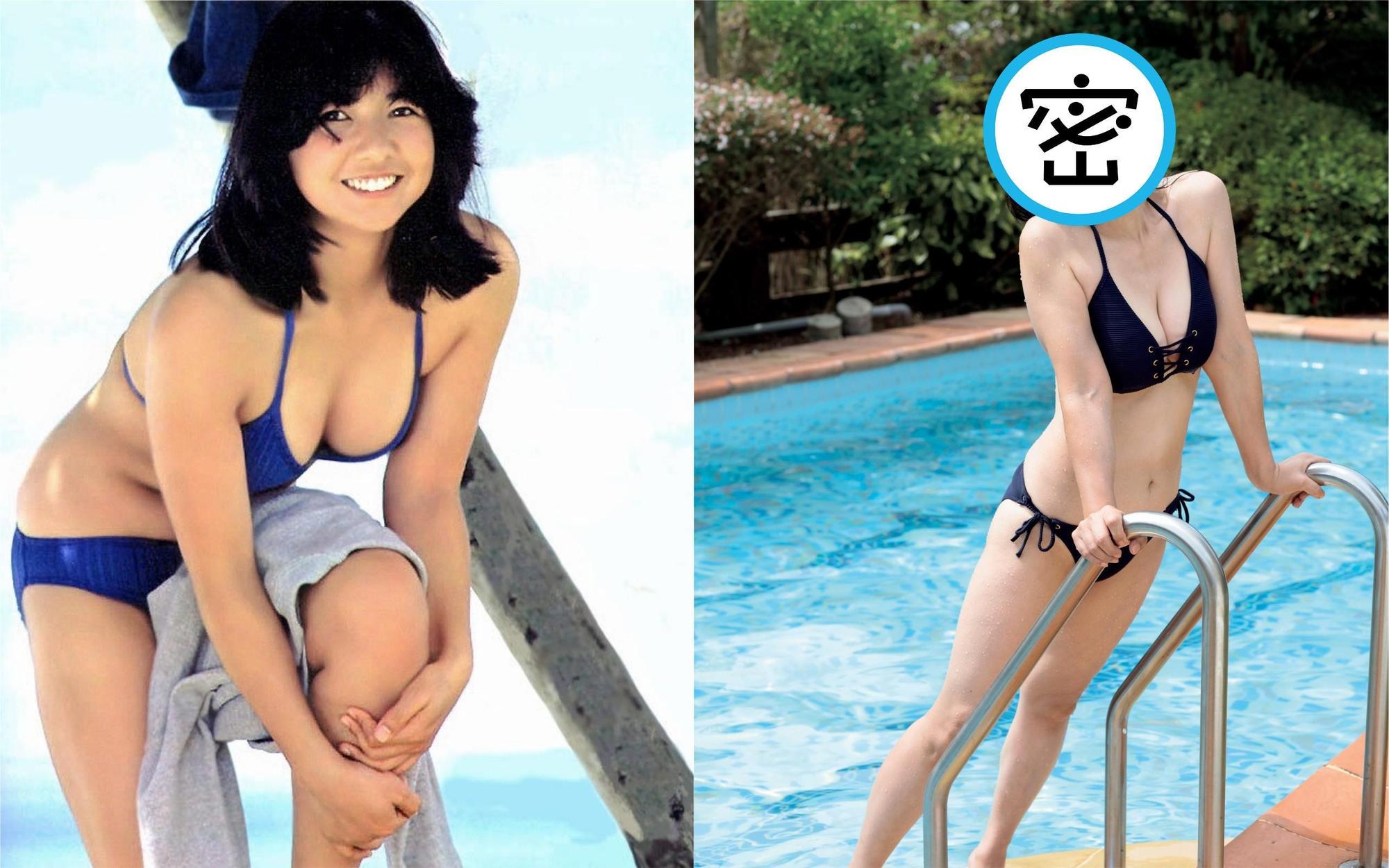 宮崎美子40年前拍寫真入行(左圖),今年為紀念入行40週年再穿上比基尼推出個人月曆。左圖翻攝自網路,右圖翻攝自每日體育報)