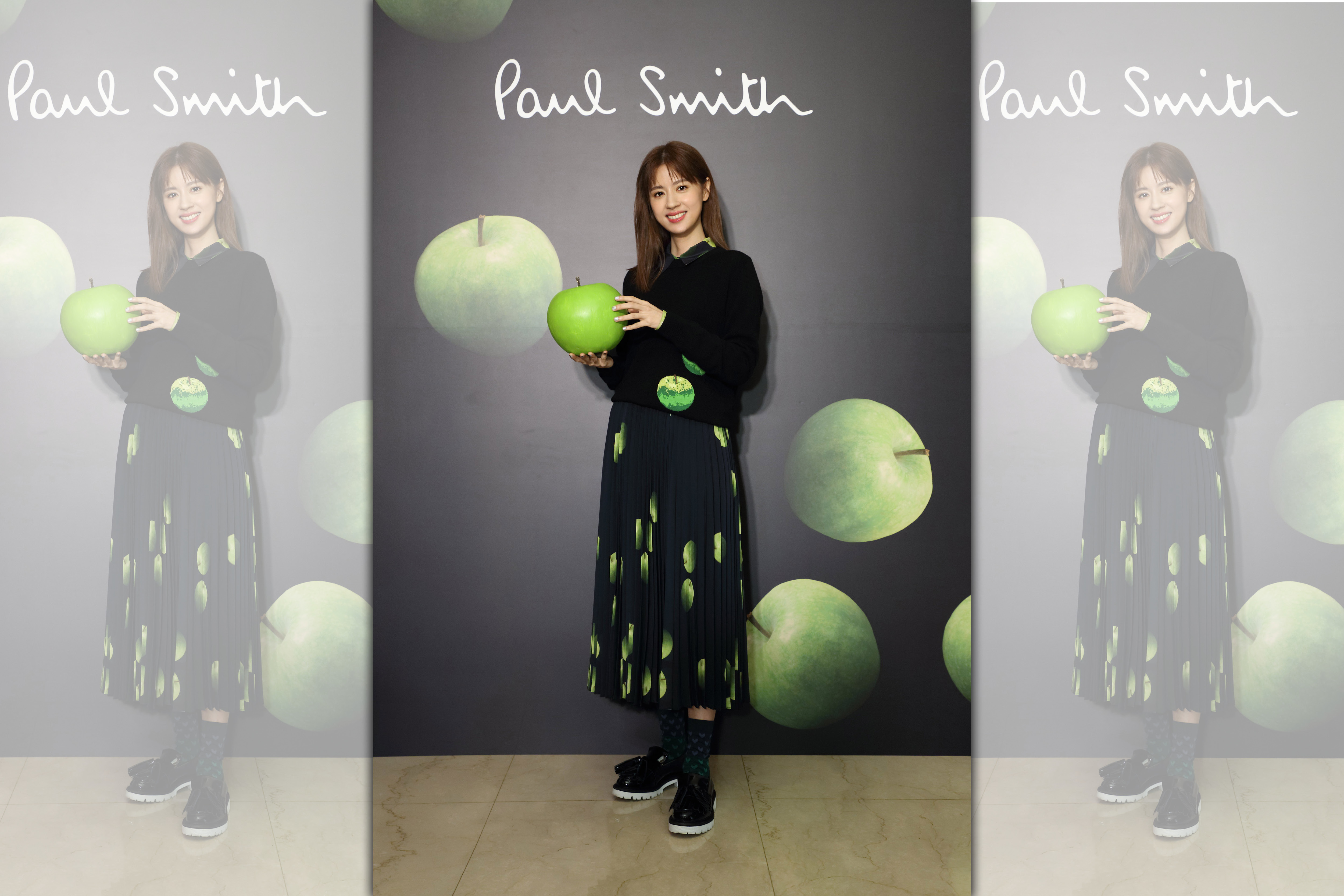 林予晞穿著Paul Smith青蘋果絲質襯衫NT$24,500、青蘋果針織衫NT$20,500、青蘋果百褶裙NT$19,500。（藍鐘提供）