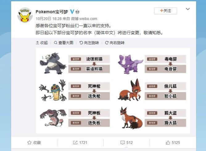 今年3月及近期的更名，寶可夢官方都未說明原因。（翻攝自寶可夢官方微博）