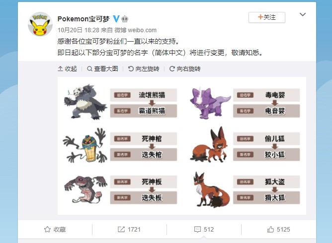 今年3月及近期的更名，寶可夢官方都未說明原因。（翻攝自寶可夢官方微博）