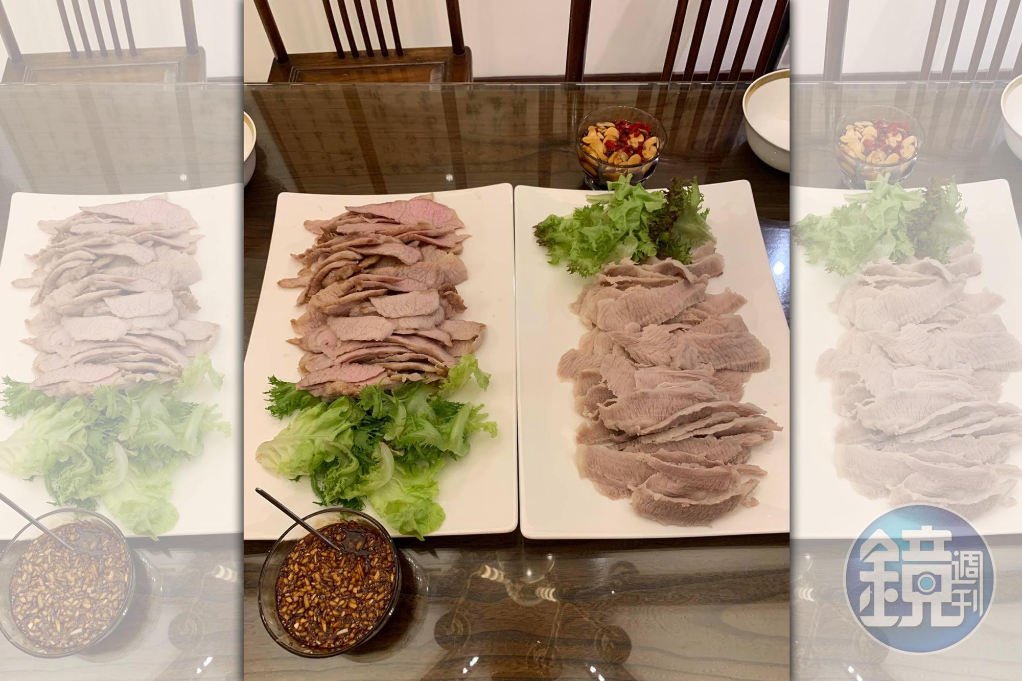 「白灼禁臠(右)與蒜泥白肉(左)」是豬頸肉的兩種做法,白灼禁臠的治法源自永和三分俗氣的老闆曹一。