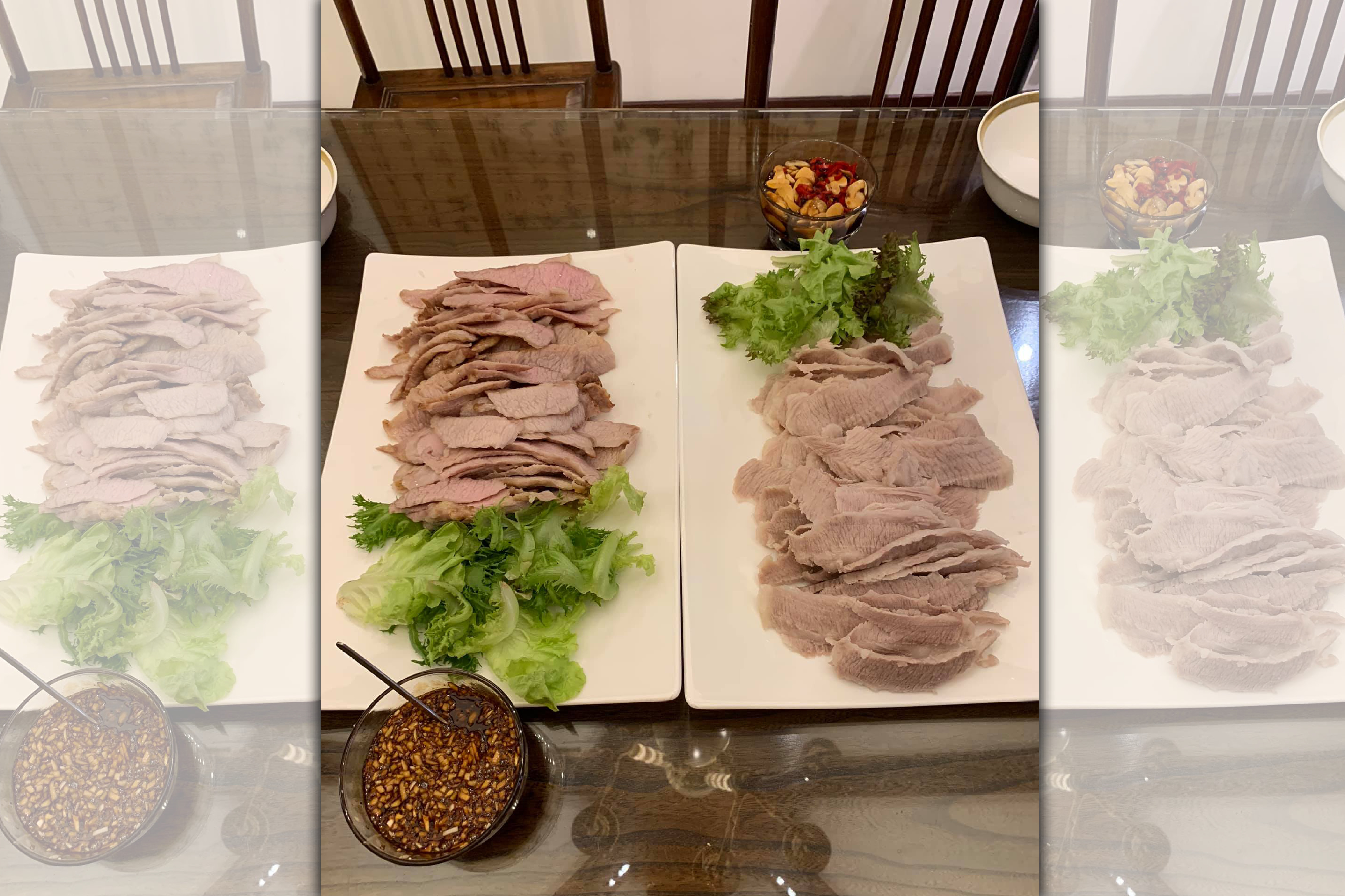 「白灼禁臠（右）與蒜泥白肉（左）」是豬頸肉的兩種做法，白灼禁臠的治法源自永和三分俗氣的老闆曹一。