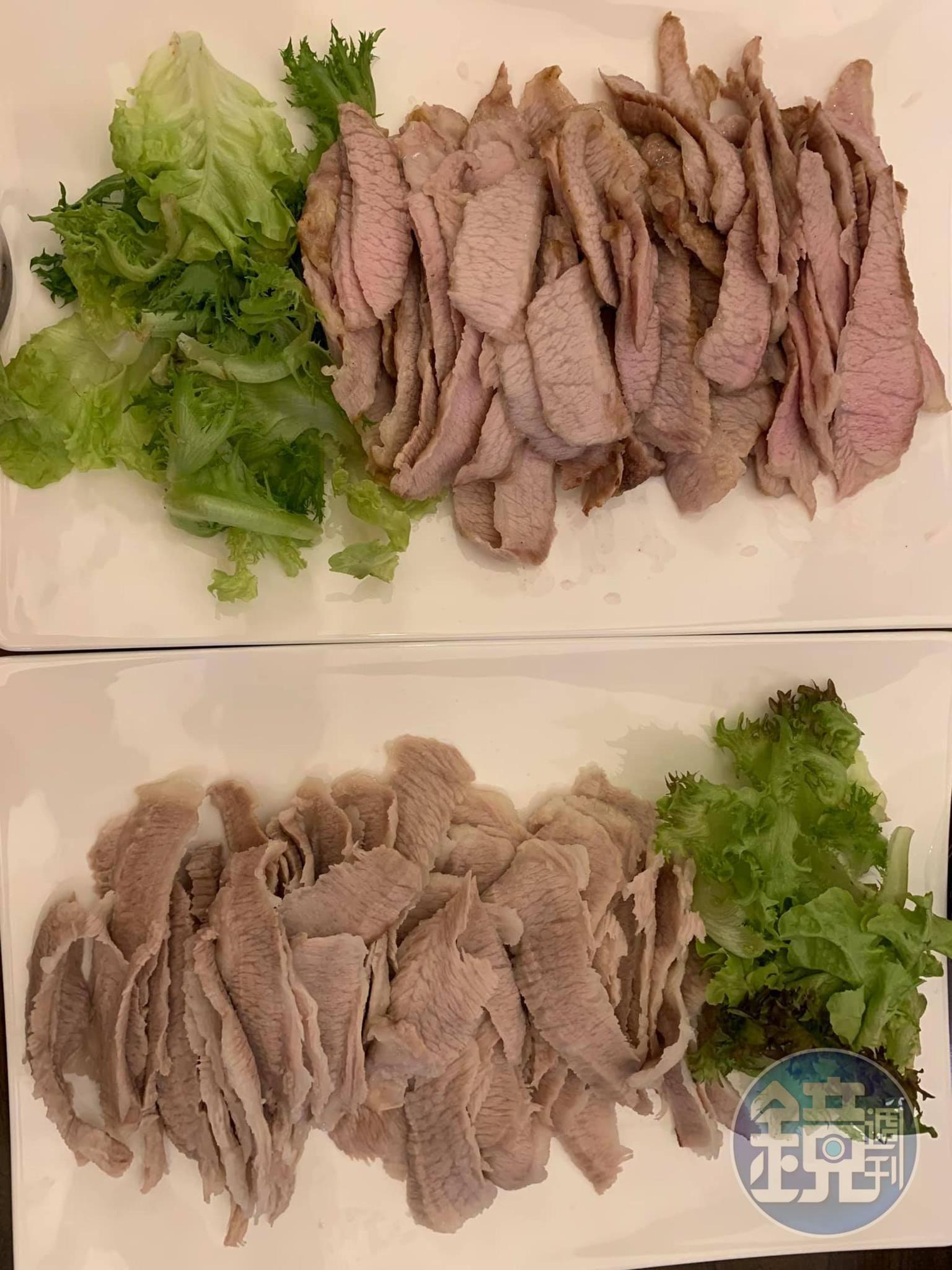 豬頸肉兩種做法連璧,並排上桌,下方是三分俗氣做法,上方是烤箱做法,顏色明顯不同。