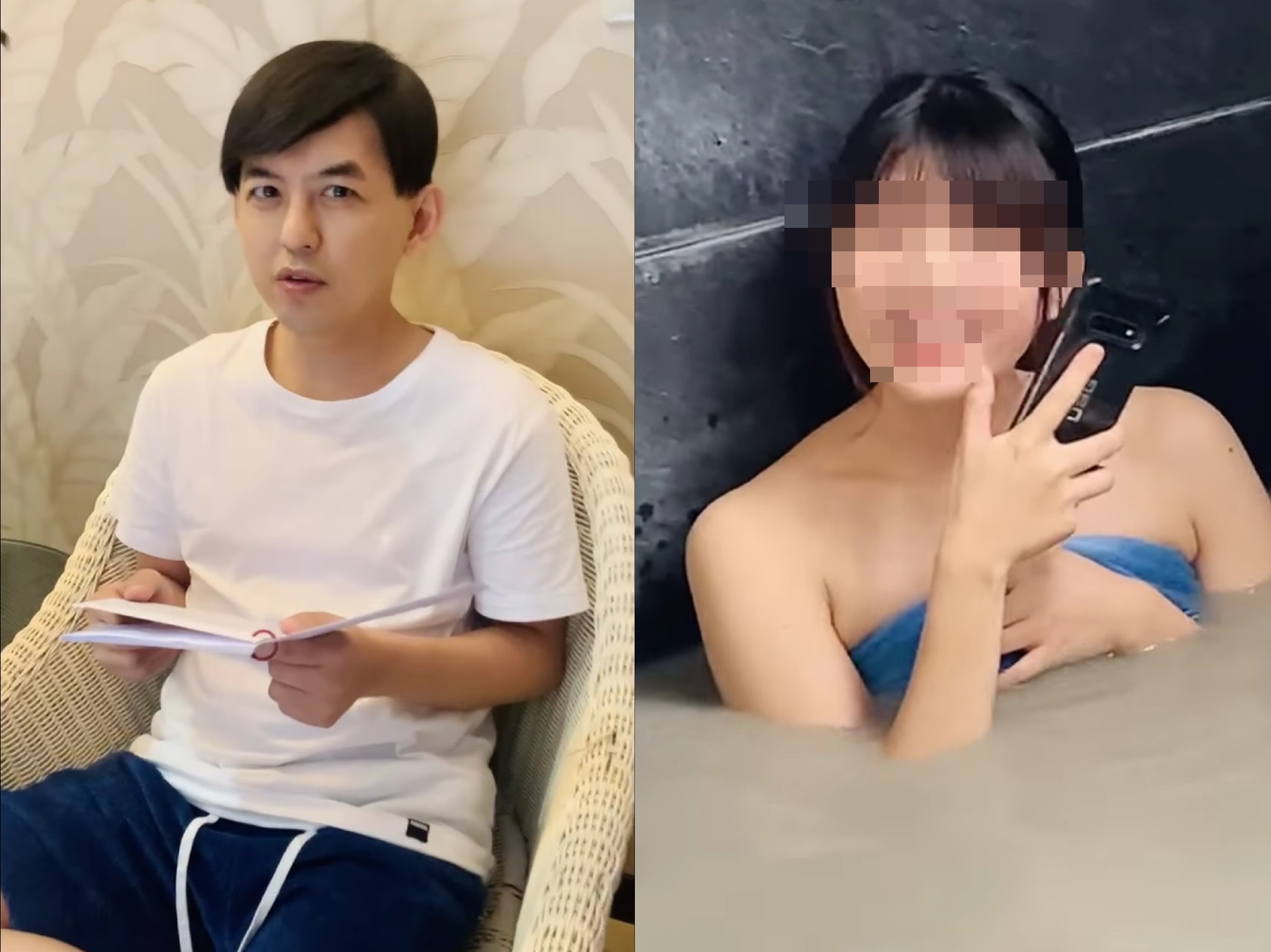 黃子佼（左）出席活動在飯店裡忙著準備，助理卻爽爽泡在溫泉池裡。（翻攝自黃子佼臉書）