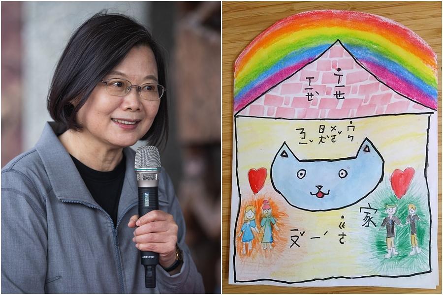 女同志吳少喬與邱明玓的女兒苗苗今年5月畫了一張卡片給總統蔡英文,最近收到回信。(左圖總統府提供、右圖翻攝自臉書粉專「吳少喬,我是女同志,也是媽媽」)