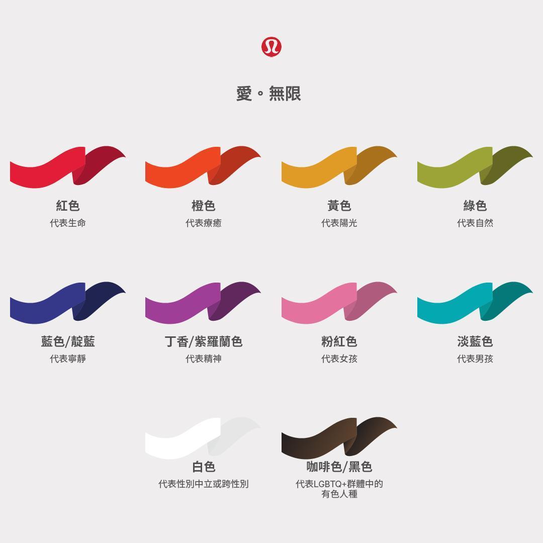 這次的「愛。無限」以十一種顏色代表各種不同的多元文化,紅色代表生命、橙色代表療癒、黃色代表陽光、綠色代表自然、藍色代表寧靜、丁香色代表精神、粉紅色代表女孩、淺藍色代表男孩、白色代表性別中立或是跨性別、咖啡色與黑色則是代表LGBTQ+中有色人權。(lululemon提供)