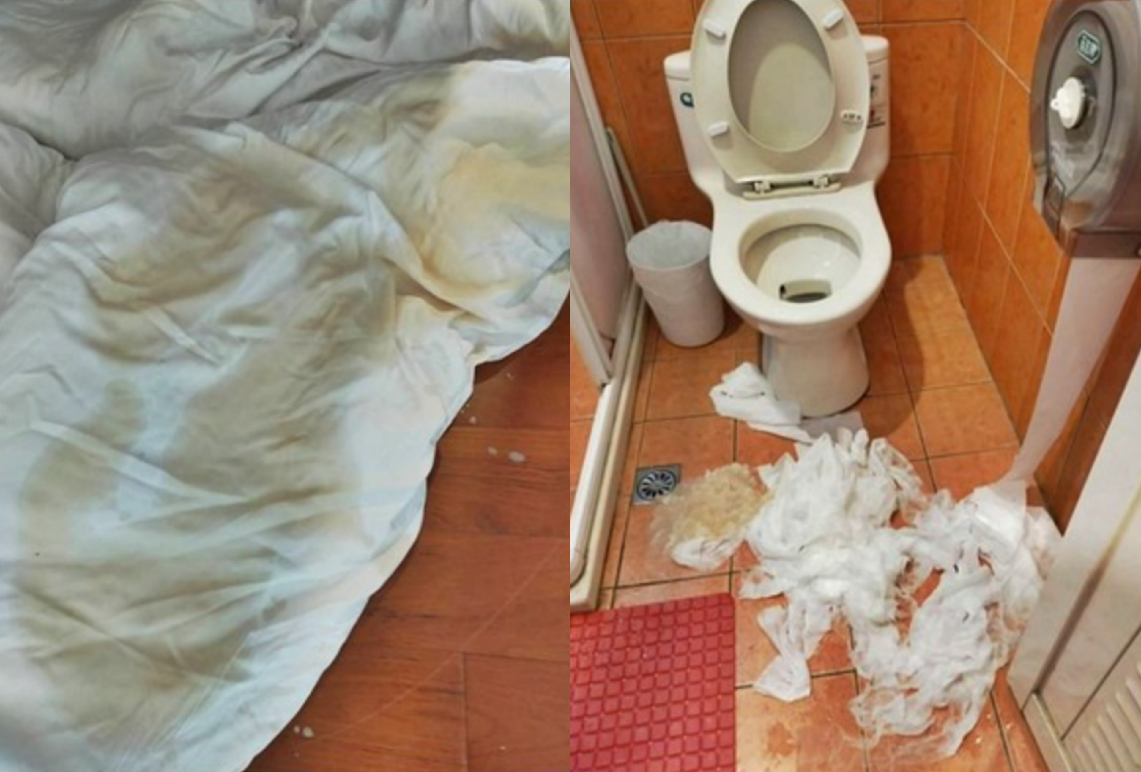 奧客吐滿地、黃色不明液體沾滿被單，民宿業者氣炸po網。（翻攝自臉書《靠北登山大小事》）