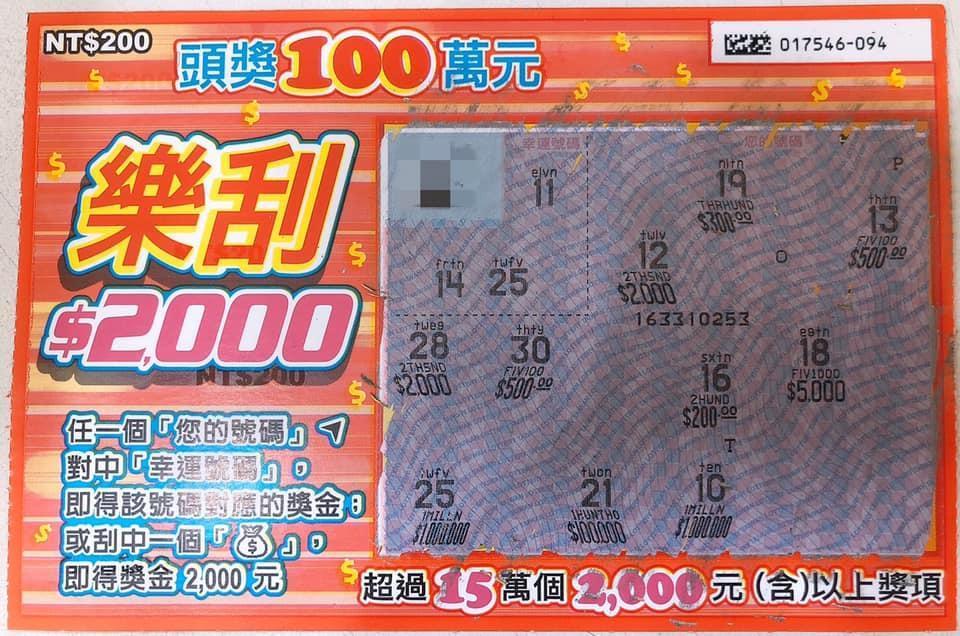 台南彩券行貼出中獎刮刮樂彩券。（翻攝自臉書）