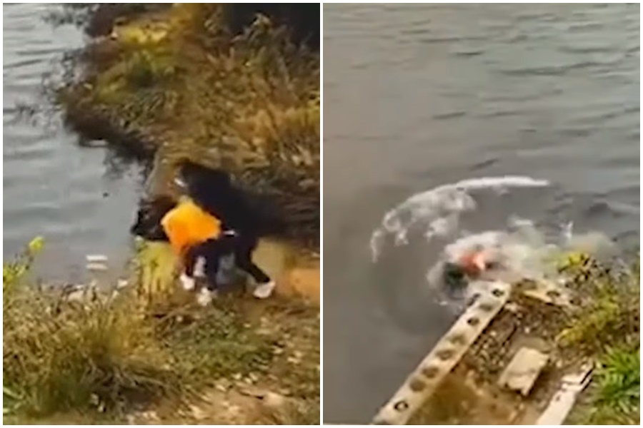 近日一段橘衣女蹲下身綁鞋帶時，突遭同行友人黑衣女推入水中的影片被瘋傳，兩人被證實雙雙溺斃。（翻攝自《中國新聞China News》YouTube）