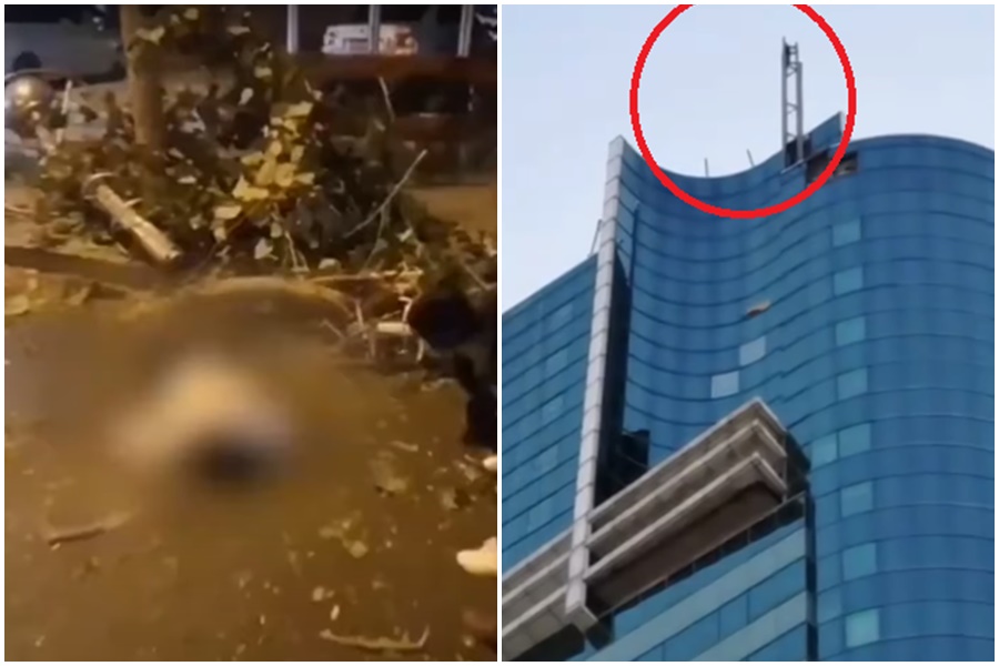 一名女子行經大樓時意外被避雷針砸中，不幸傷重身亡。（翻攝自《中國日記China Daily》）