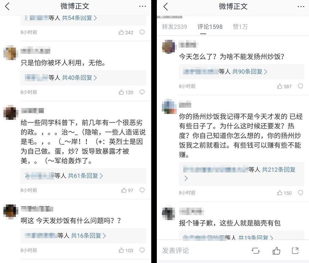 王剛在24日這天分享炒飯做法,引發網友批評。(翻攝自王剛微博)