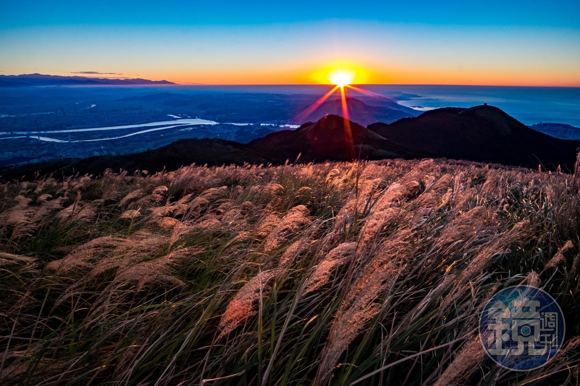 大屯山助航站旁是欣賞芒草的制高點,夕陽西下,芒草染紅的景觀很特別,後方可以一覽台北盆地的視野。