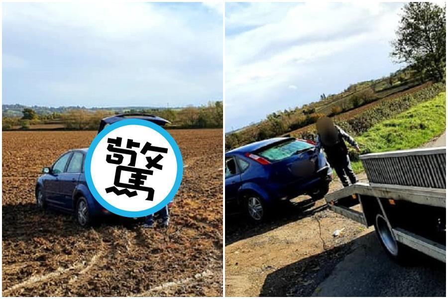 英國一對夫妻在田裡車震,導致車子陷進田地的泥濘中。(翻攝自Campbells Recovery臉書)