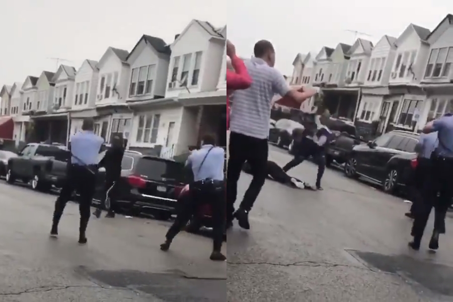 美國賓州一名非裔男子持刀走向警察，被2名員警開槍射擊倒地。（翻攝自「Ben Crump」twitter）