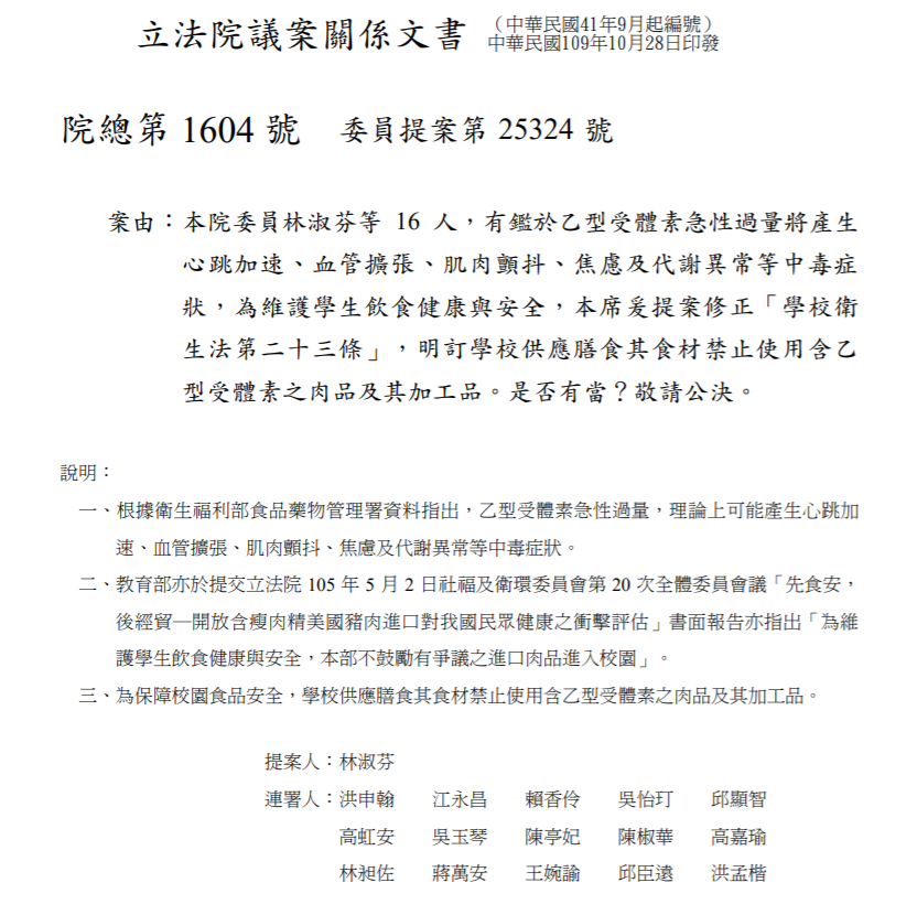 民進黨立委林淑芬提出的校園食材禁用瘦肉精修法草案,已因同黨立委撤簽導致無法提出。