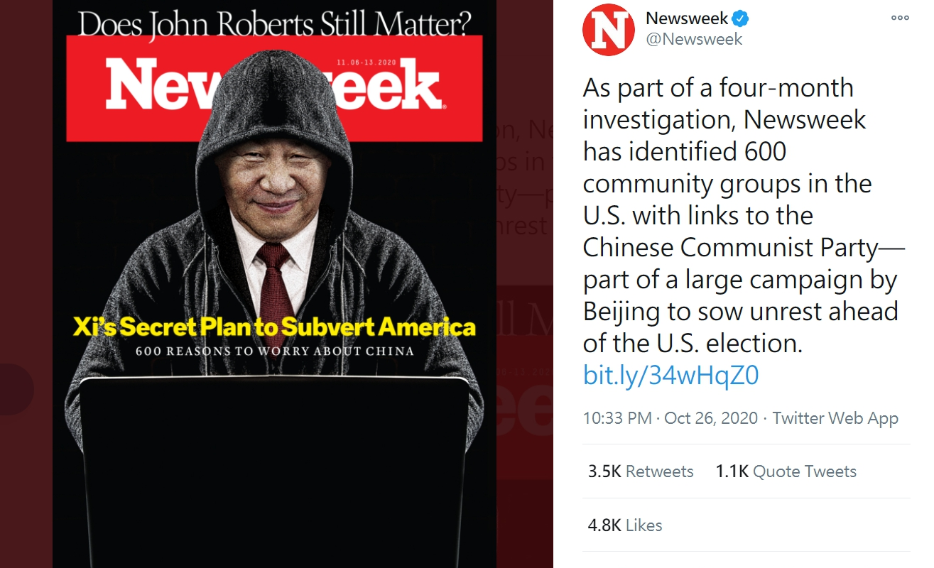 美國《新聞週刊》指出,中國在美國有約600個相關組織,積極和各級政府來往。(翻攝自Newsweek推特)