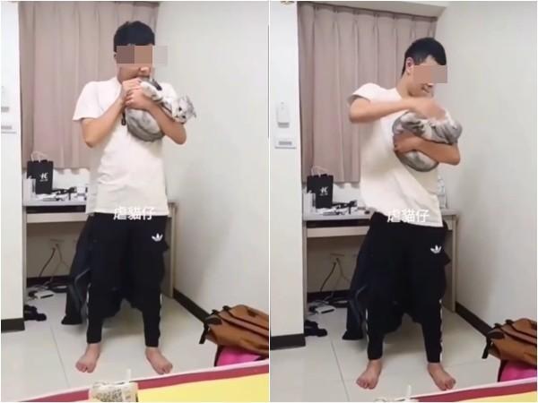 一名男子先咬貓咪尾巴使牠生氣哈氣,在用力往頭部打。(翻攝「貓咪也瘋狂俱樂部」臉書社團)