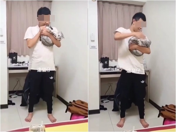 一名男子先咬貓咪尾巴使牠生氣哈氣，在用力往頭部打。（翻攝「貓咪也瘋狂俱樂部」臉書社團）