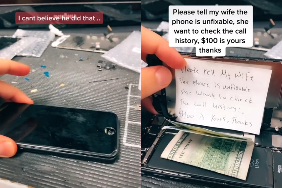 密西根一名男子在待維修的iPhone裡找到一張紙條和100元美金。（翻攝自「Maniwarda」Tik Tok）