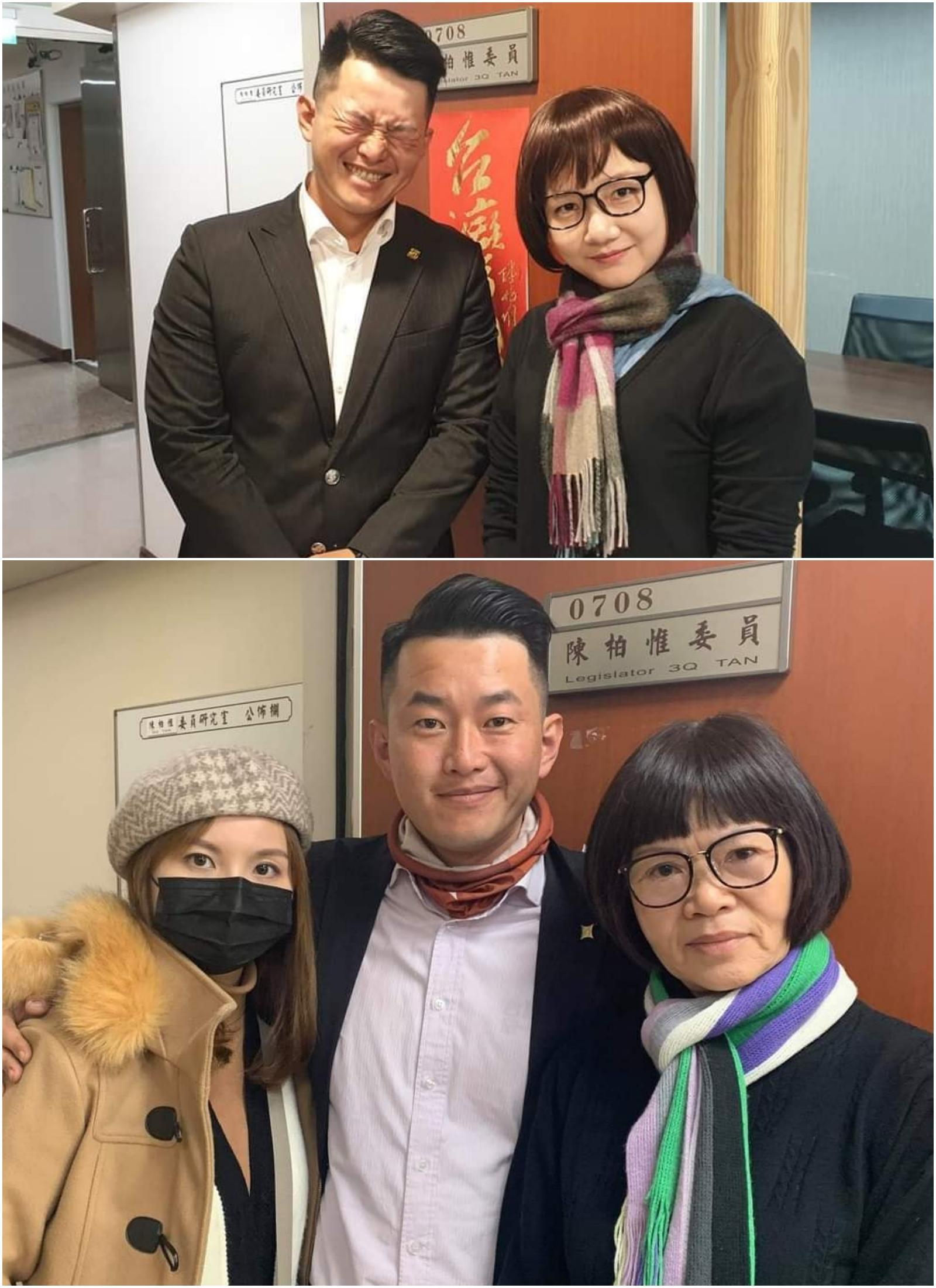 陳柏惟辦公室主任(上圖右)萬聖節玩變裝,竟真的「扮你媽」(下圖右),笑翻許多網友。(取自陳柏惟臉書)