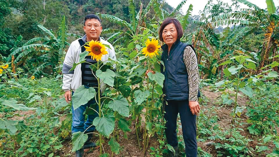 江慶鐘(左)喜歡種菜、種花,孝順的他,每週都陪媽媽(右)在自家農場務農度週末。(江慶鐘提供)