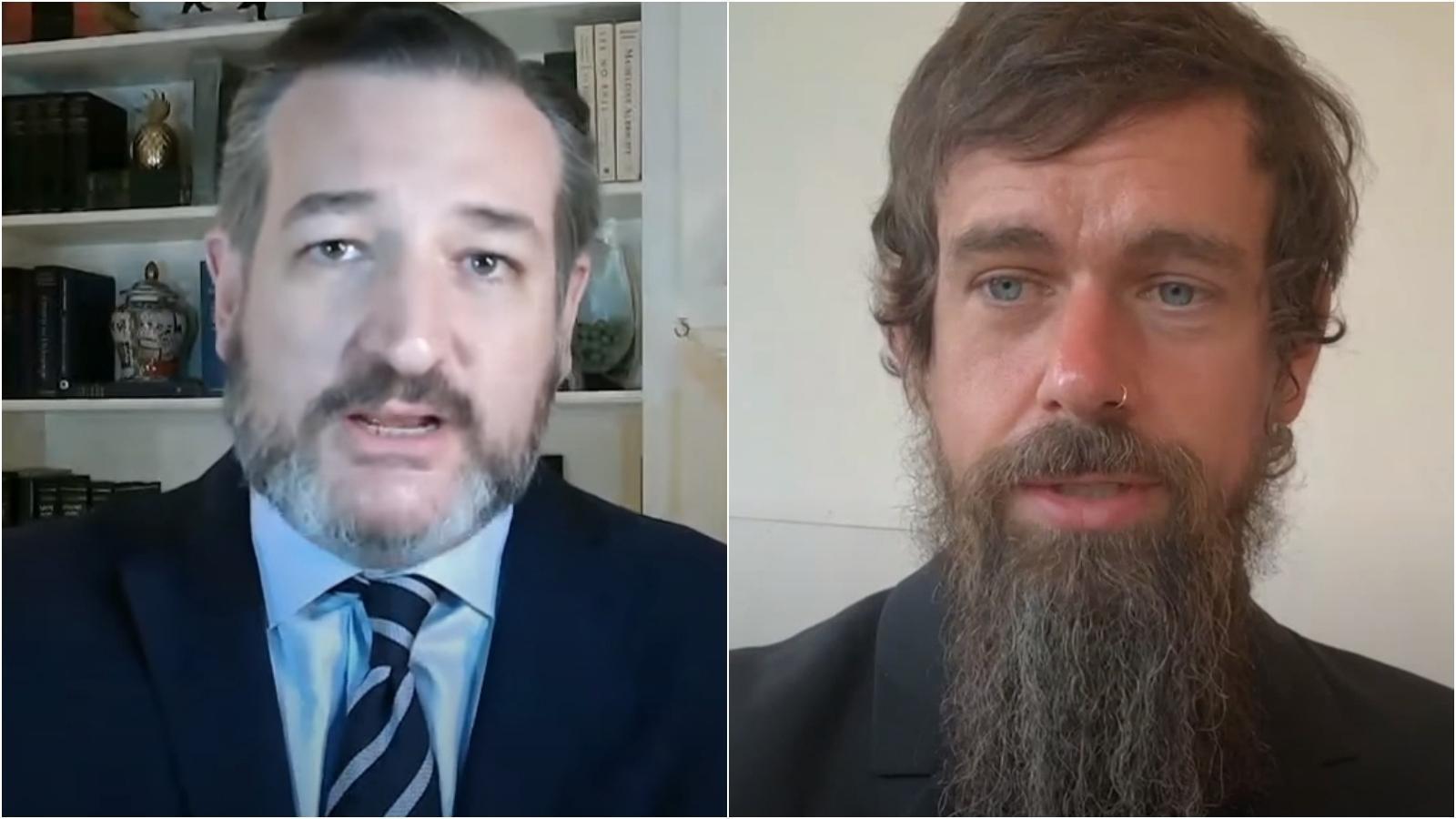 共和黨參議員克魯茲(左)透過視訊質疑推特執行長多爾西(右)為何封鎖拜登醜聞。