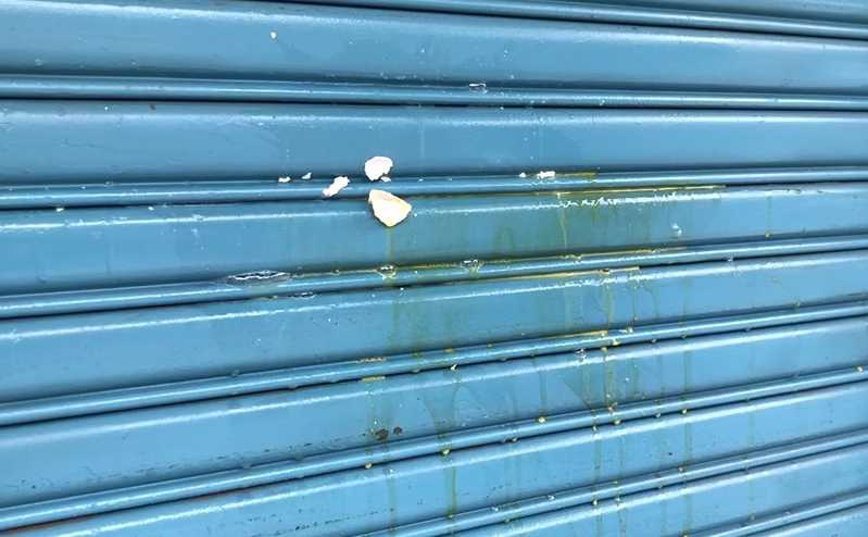 擄走勒斃外籍女大生的梁嫌住家遭不滿民眾砸蛋洩憤。（讀者提供）