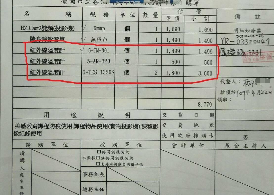 柳姓教師以美感教育補助經費購買溫度計,遭批浮報經費。(讀者提供)