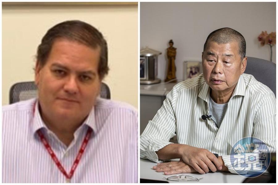 香港壹傳媒集團主席黎智英（右）私人助理Mark Simon（左）涉及拜登之子醜聞文件造假事件，昨天深夜辭職。（翻攝自Mark Simon推特／本刊資料照）