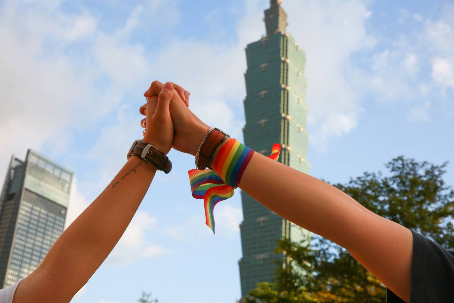 一對同性伴侶高舉雙手，背後是晴朗的天空，一如同婚過後的台灣，即便現實不盡人意，但未來仍充滿希望。