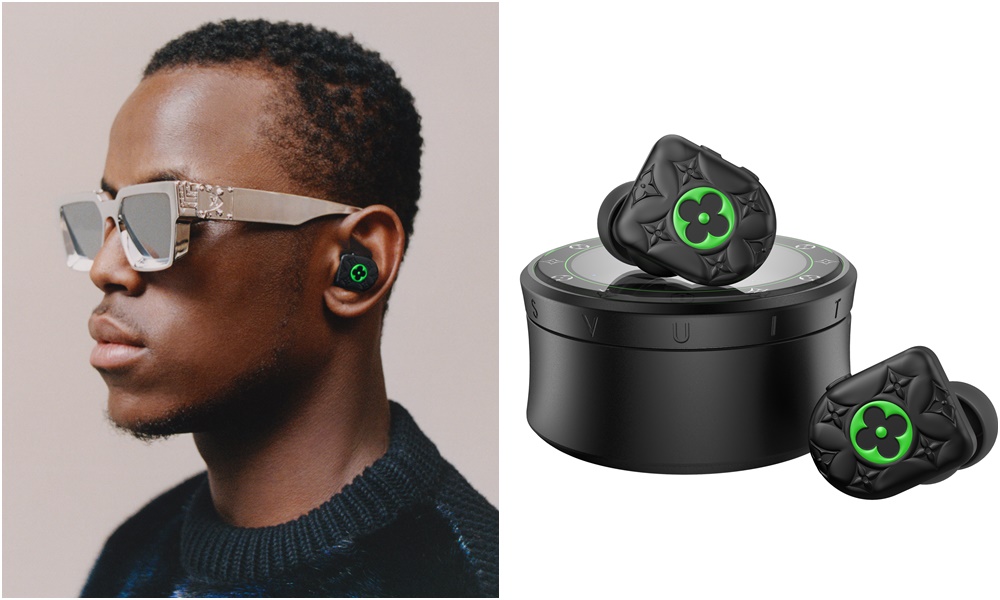 路易威登男裝藝術總監Virgil Abloh親自設計的螢光綠搭配啞面黑色Horizon無線耳機，耳機可以連續運作30個小時，充電盒外形擷取自Tambour Horizon腕錶的造型設計。NT$37,000。（路易威登提供）
