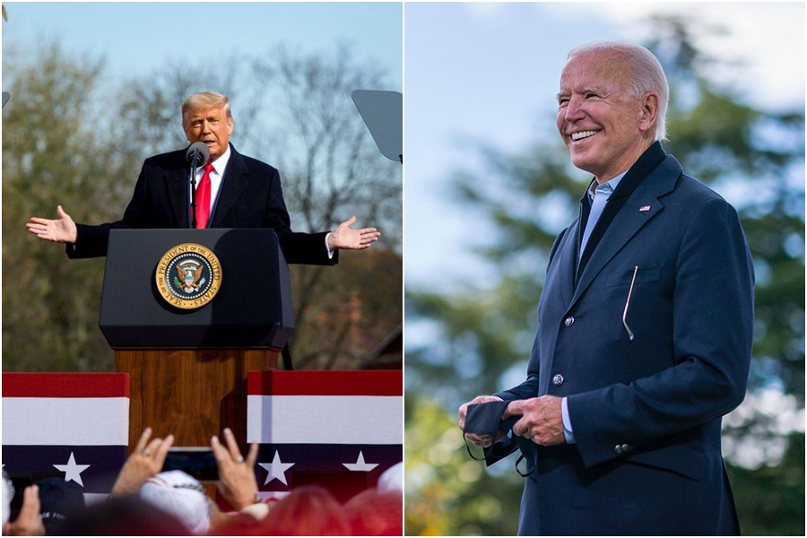 美國總統川普和前副總統拜登，在美版「章魚哥」維哥郡的民調勢均力敵，支持率皆為48％。（翻攝自川普臉書、拜登IG）