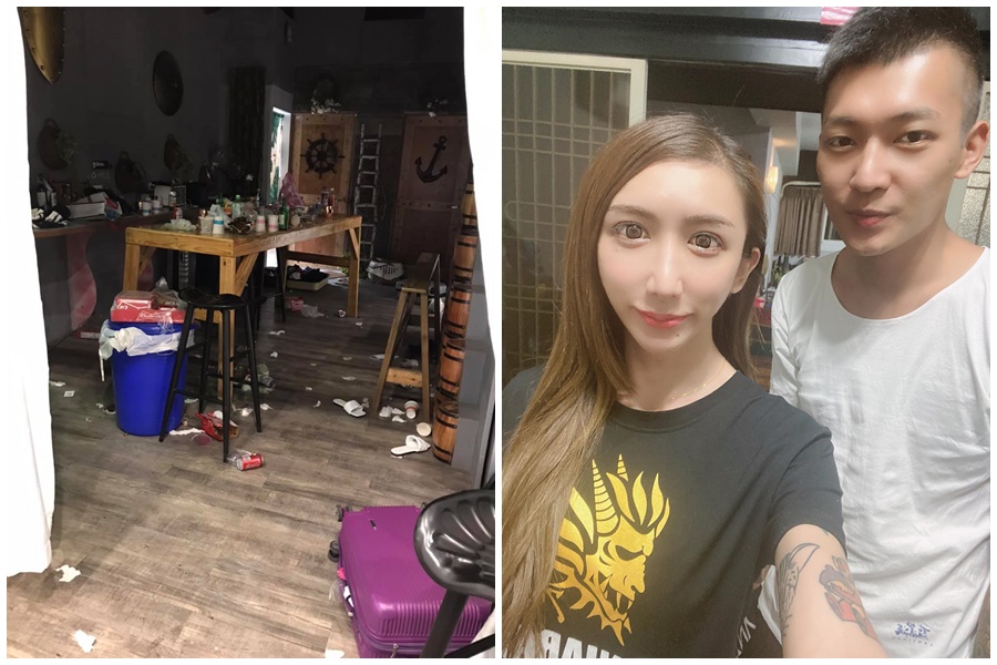 罔腰（右圖左）和友人被控破壞綠島一間民宿，前男友鳳梨（右圖右）代為道歉。（翻攝自就是愛綠島臉書社團／罔腰尬鳳梨臉書）