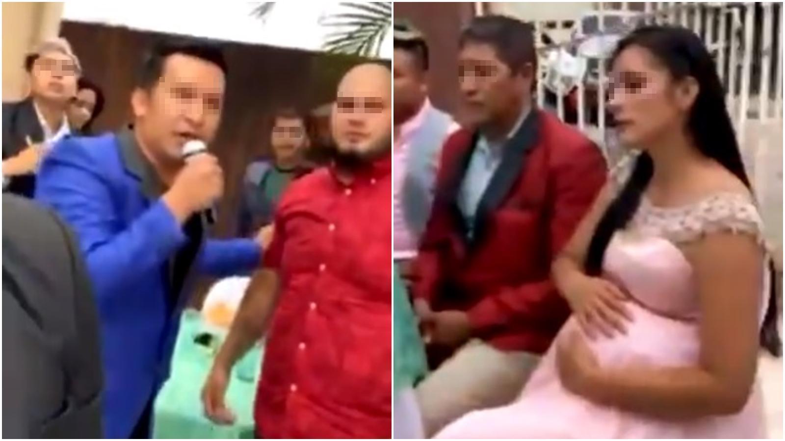 人夫（左圖，藍衣男子）在派對上揭露孕妻出軌，並從賓客席中揪出妻子外遇的小王（紅衣男子）。（翻攝自推特quimdomenech）