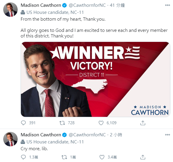 確認當選後,麥迪遜‧考托恩在Twitter上發文。(翻攝自「Madison Cawthorn」Twitter)