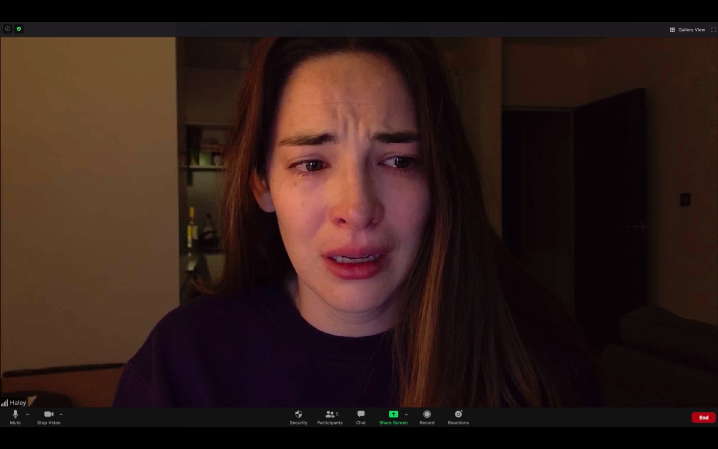 女主角海莉邀請靈媒加入她與朋友們的視訊會議，不料真的感受到惡靈在自己的房間內。（CATCHPLAY）