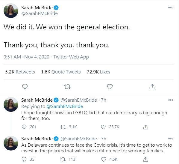 麥可布萊德勝選後開心地感謝所有人的支持。(翻攝自@SarahEMcBride推特)