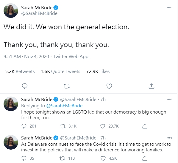 麥可布萊德勝選後開心地感謝所有人的支持。（翻攝自@SarahEMcBride推特）