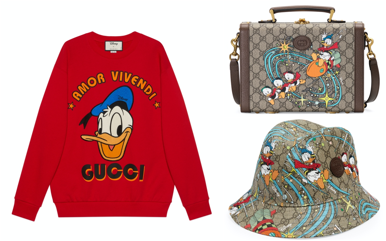 唐老鴨系列Epilogue系列上衣NT$44,000、唐老鴨系列化妝箱NT$122,200、唐老鴨系列漁夫帽NT$12,500。（古馳提供）