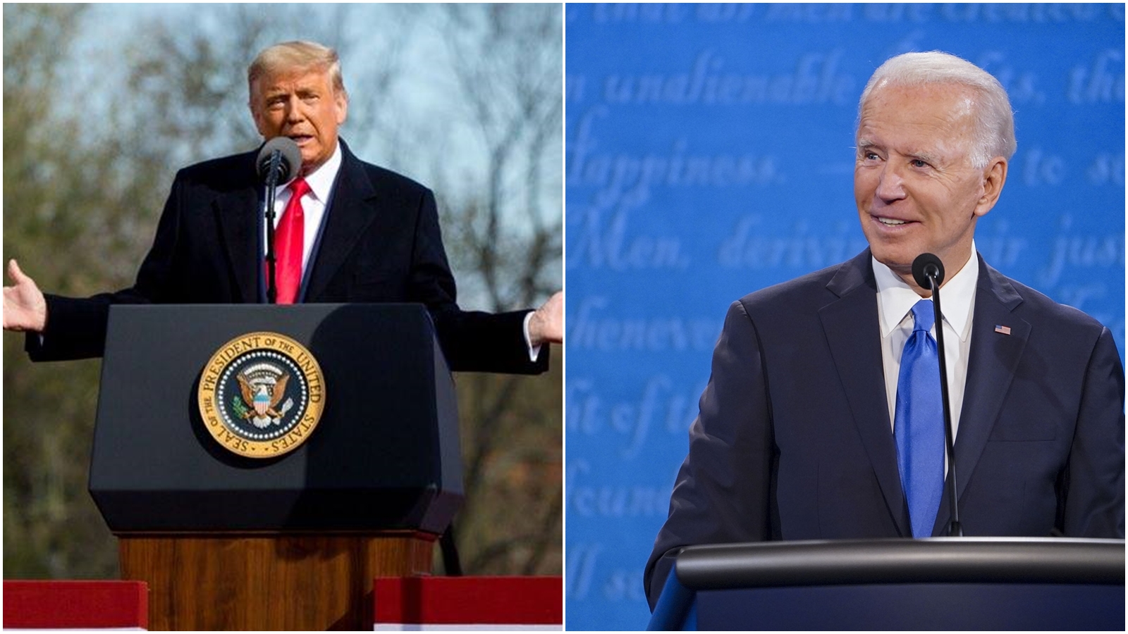 目前暫時落後的川普（左）發文質疑作票，該文遭到推特標籤警示。（翻攝自川普、拜登臉書）