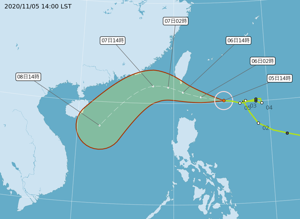 第20號颱風閃電很可能增強到輕颱上限，若發布陸警，屏東、台東應會納入警報範圍。（氣象局提供）